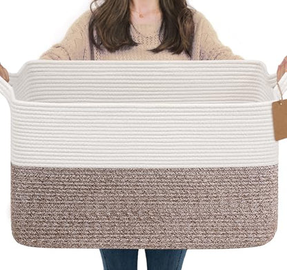Goodpick 75L Extra Large Woven Rope Blanket Basket, Rectangle, Brown - color: Brown, size: 22"L x 17"W x 12"H