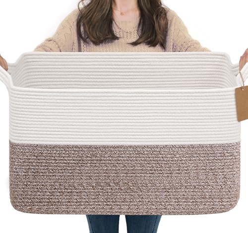 Goodpick 75L Extra Large Woven Rope Blanket Basket, Rectangle, Brown - color: Brown, size: 22"L x 17"W x 12"H