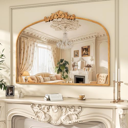 Vintage Gold Baroque Arched Metal Wall Mirror 40"x30" - size: 40"L x 30"W