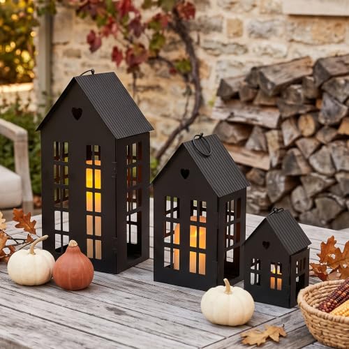 TRIROCKS Set of 3 Decorative Hanging Lanterns 13.5"&9.5"&5.5" H Gothic Street Town House Village Decor Candle Holders for Home Garden Yard Patio Gothic Parties Events Indoors Outdoors(Black) - color: Black