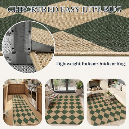 Lahome Checkered Easy Jute Kitchen Runner Rug, 2x8 Outdoor Rugs Washable - color: Deep Green/Nature-2, size: 2'6" x 8' (Runner)