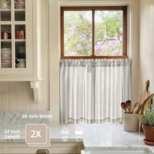 jinchan Linen Striped Tier Curtains for Kitchen Windows Farmhouse - color: Boho Black | on Linen, size: 26"W x 24"L (Pack of 2)
