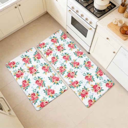 Feelyou Red Floral Kitchen Rugs Sets 2PCS - color: Blue White Red Green