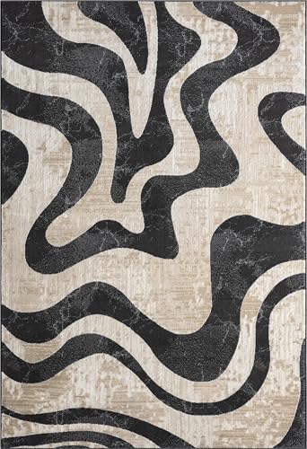Beige Black Swirl Modern Area Rug – 2' x 3' – Contemporary Abstract Design – Terra Collection – Non-Shedding, Fade-Resistant, Easy to Clean – Durable for High Traffic Areas – Living Room & Bedroom - size: 2' x 3' (Rectangular)
