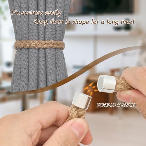 NICEEC 2 Pack Natural Jute Rope Curtain Tiebacks Elegant Boho Style Magnetic Drape Tie Backs Soft Hand-Woven Rope Curtain Holdbacks for Home & Office Drapery (Jute Rope-Thin) - color: Jute Rope-thin, size: 2 Pack