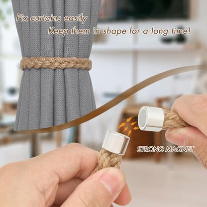 NICEEC 2 Pack Natural Jute Rope Curtain Tiebacks Elegant Boho Style Magnetic Drape Tie Backs Soft Hand-Woven Rope Curtain Holdbacks for Home & Office Drapery (Jute Rope-Thin) - color: Jute Rope-thin, size: 2 Pack