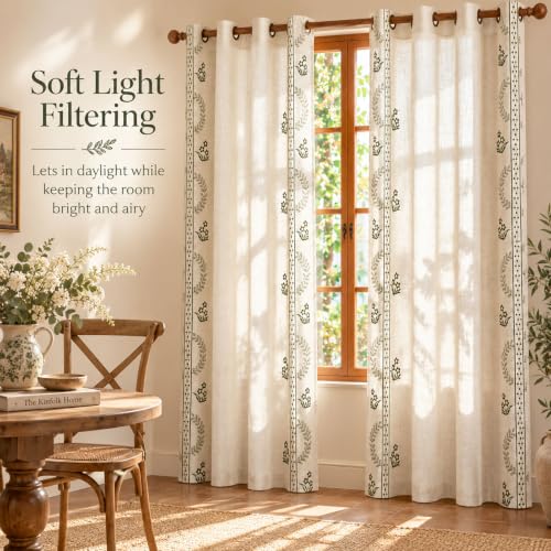 Beige linen blend brown embroidery Floral Grommet Curtains 55X95", 2 Panels - color: Grass Greenn, size: 55"W x 95"L (Pack of 2)
