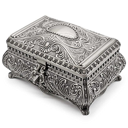 Rectangle Antique Metal Jewelry Box Trinket Storage Organizer Gift Box Chest Ring Case with Floral Engraved for Girls Ladies Women, Large - size: Large
