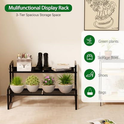 Garden 4 you 2 Tier Metal Stackable Plant Stand, Flower Pot Holder - color: Black, size: 27.5"L x 9.6"W x 16"H