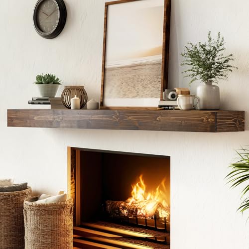 56x8x3in Rustic Fireplace Mantel Pine Wood, Weathered Brown - color: Weathered Brown, size: 56x3x8-hollow