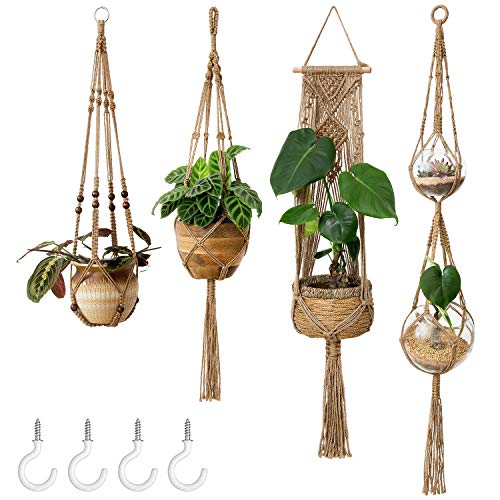 Mkono Macrame Plant Hangers Indoor Set of 4 Hanging Planter Basket Brown - color: Brown