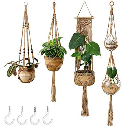 Mkono Macrame Plant Hangers Indoor Set of 4 Hanging Planter Basket Brown - color: Brown