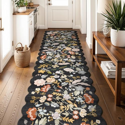 3x15 Hallway Runner Rug Washable: Scalloped Floral Long Kitchen Rug Black - color: Black, size: 3' x 15' (Runner)