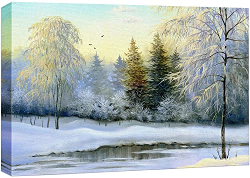 wall26 Canvas Print Wall Art Winter Forest Landscape with Frozen Lake Nature Wilderness Illustrations Modern Art Rustic Scenic Colorful Multicolor for Living Room, Bedroom, Office - 12"x18" - color: Artwork - 12, size: 18"L x 12"W