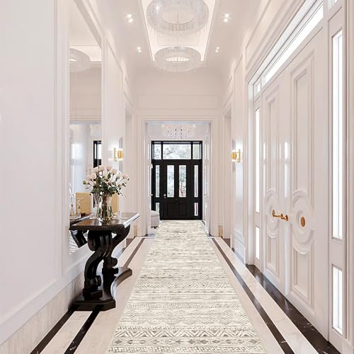 Moroccan Washable Hallway Runner Rug - 2'6"x12' Non Slip Floor Mat for Kitchen Low Pile Living Room Carpet with Rubber Backing Bedroom Rugs for Entryway 2'6"x12' Beige - color: Beige, size: 2'6" x 12' (Rectangular)