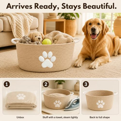 Dog Toy Basket with Handles, Boho Cotton Rope Storage Bin Organizer - color: Khaki / White Paw