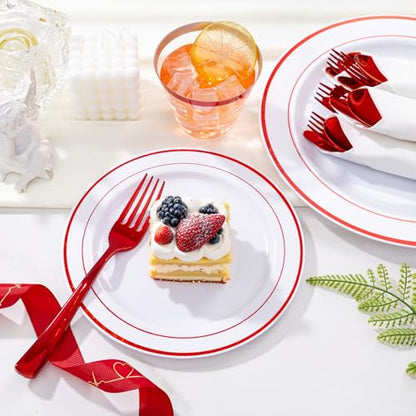 WELLIFE 210 Piece Red Plastic Dinnerware Set, Disposable Plates for Party,Include: 30 Dinner Plates, 30 Dessert Plates, 30 Pre Rolled Napkins with Gold Silverware and 30 Gold Cups - color: Red, style: 210PCS（30 Guests）