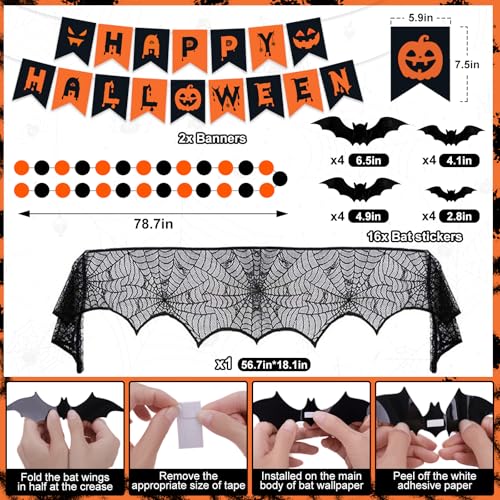 Halloween Party Decorations, 29Pcs Halloween Indoor Decorations Kit with Mantel Scarf Creepy Cloth Fabric Hanging Ghost Happy Halloweens Banner 3D Bat Stickers for Home Fireplace Wall Decor