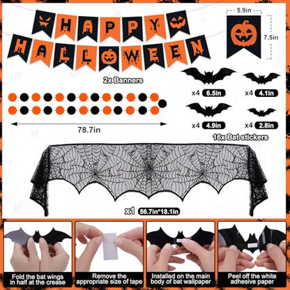 Halloween Party Decorations, 29Pcs Halloween Indoor Decorations Kit with Mantel Scarf Creepy Cloth Fabric Hanging Ghost Happy Halloweens Banner 3D Bat Stickers for Home Fireplace Wall Decor