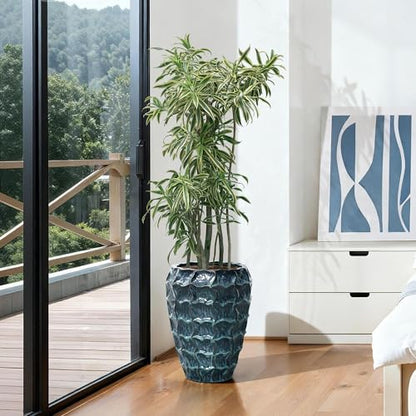 LuxenHome 17.7" Blue Ceramic Plant Pot, Tall Planter with Geometric Texture