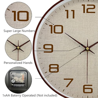 Woodgrain Wall Clock, Silent Non-Ticking Battery Operated Clock 10 Inch, Large Easy-to-Read Number Linen Texture Face Modern Analog Clocks for Living Room Bedroom Kitchen Office Gym, Brown - color: Mocha Brown White, size: 10 Inch