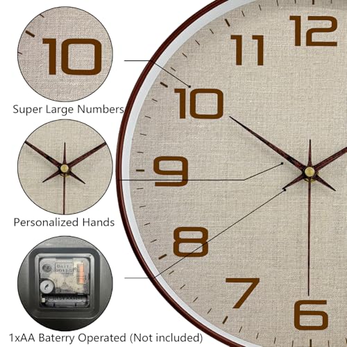 Woodgrain Wall Clocks Battery Operated 12 Inch with Linen Texture Face, Large Number Silent Digital Wall Clock, Non Ticking Analog Clock for Bedroom Living Room Bathroom Kitchen Office,Brown - color: Mocha Brown White, size: 12 Inch