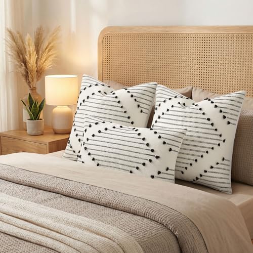 Mecatny Boho Outdoor Throw Pillow Covers 16x16 Set of 2 Black & Cream White - color: Black, size: 16" x 16" (Pack of 2)