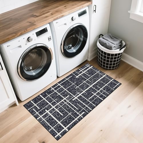 Modern Distressed Stripe 2x4 Entryway Runner Rug Non Slip,Midnight Black - color: Striped-black/White, size: 2' x 4' (Runner)