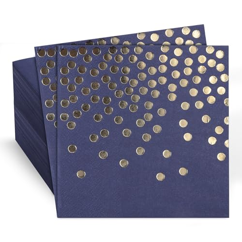 80 Pack of Paper Cocktail Napkins with Gold Foil Polka Dot Confetti，Polka Dot Party Supplies(5 x 5 in，2-ply) (80, blue gold) - style: Blue Gold Dot