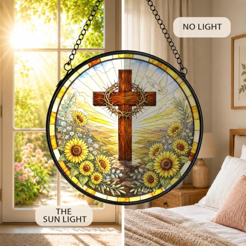 Sunflower Christian Stained Glass Window Hanging Decorations 7.9x7.9 - color: Crucifix-5