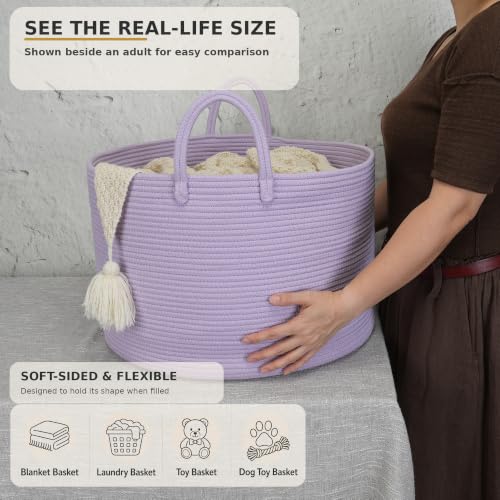 XUANGUO 66L Large Blanket Basket, Round Cotton Rope Basket, Purple - color: purple or lavendor