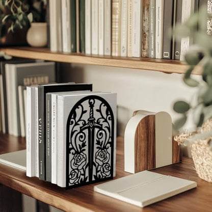 Peacoblue 5.3"x4.3"x7.9" Metal Bookends, Heavy Duty Book Ends for Shelves - style: Sword with Vine and Rose