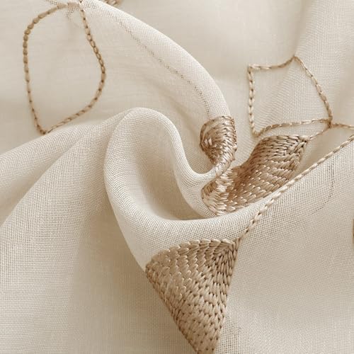 HOMEIDEAS Taupe Kitchen Sheer Tier Curtains Leaf Embroidered, 30x36 - color: 2-taupe/Beige, size: 30"W x 36"L (Pack of 2)