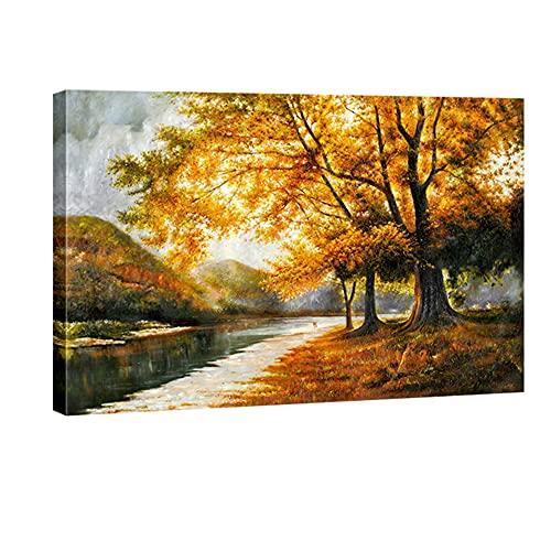 Wieco Art Giclee Canvas Prints Wall Art by Oil Paintings Reproduction Large Contemporary Autumn Trees Pictures for Living Room Bedroom Home Decorations Modern Wrapped Landscape Forest Artwork