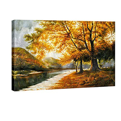 Wieco Art Giclee Canvas Prints Wall Art by Oil Paintings Reproduction Large Contemporary Autumn Trees Pictures for Living Room Bedroom Home Decorations Modern Wrapped Landscape Forest Artwork