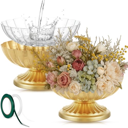 2 Pcs Metal Compote Vase, Floral Centerpiece Bowls, Bright Gold - color: Bright Gold
