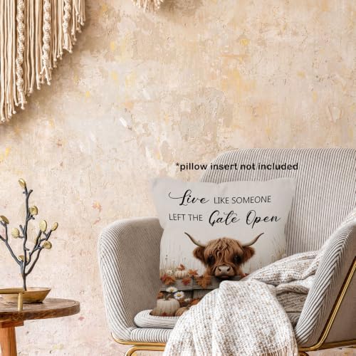 Fall Western Highland Cow Pumpkin Leaves Throw Pillow Covers 18x18 - color: Highland Cow-08