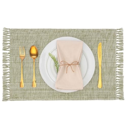 Cotton Placemats Set of 6-13x19 Inch, Woven Chambray Place Mats, Durable & Elegant for Dining Table, Wedding, Restaurant, Machine Washable, Oeko-TEX Certified - Green - color: Green - Chambrey