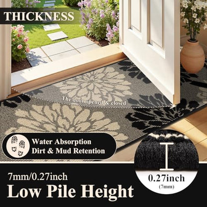 Findosom Kitchen Rugs Sets of 2, Floral Washable Kitchen Runner Rug, Black - color: Black/Beige, size: 24" x 36" + 24" x 60"