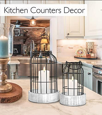 Livelab Modern Farmhouse Lantern Decor, [Refined] Rustic Home Decor Lanterns, Wire Metal Cloche Decorative Candle Holder for Living Room, Fireplace Mantle, Bathroom Countertop