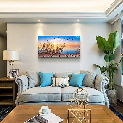 MHARTK66 Ocean Canvas Wall Art for Living Room, Coastal Bedroom 40"x20" - color: Blue Sunrise Scenery (Wrapped Canvas), size: 40"L x 20"W