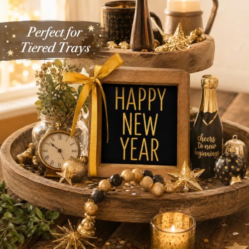 Happy New Year Sign Wall Table Tiered Tray Shelf Home Decor - color: black and gold