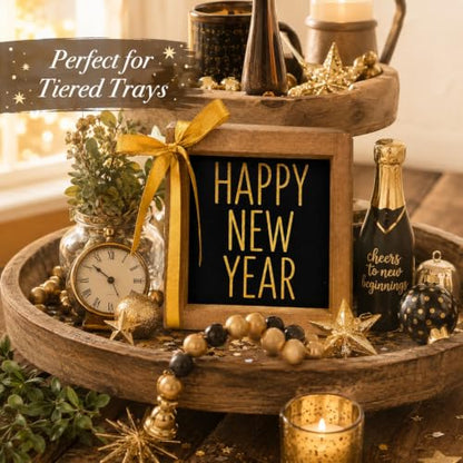 Happy New Year Sign Wall Table Tiered Tray Shelf Home Decor - color: black and gold