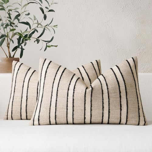 FIOUOVO Striped Linen Lumbar Throw Pillow Covers 12x20 Set of 2, Beige - color: Beige, size: 20" x 12" (Pack of 2)