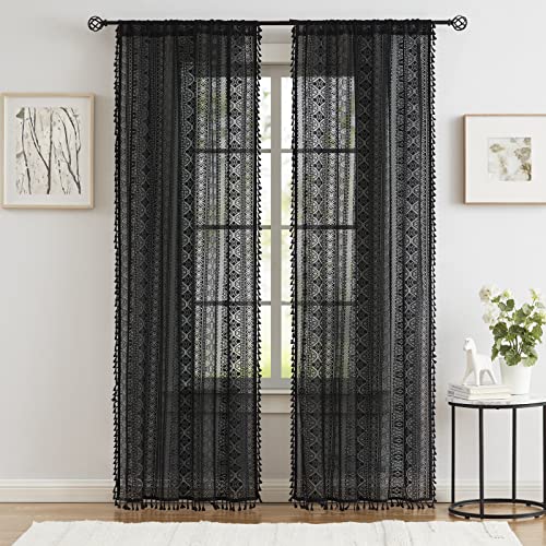 Black Boho Sheer Lace Window Curtains with Tassel, 40" Wx95 Lx2 - color: Black, size: 40"W x 95"L (Pack of 2)