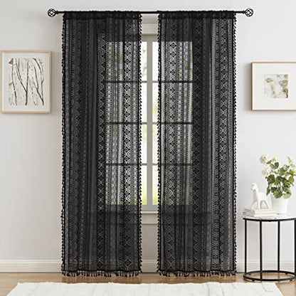 Black Boho Sheer Lace Window Curtains with Tassel, 40" Wx54 Lx2 - color: Black, size: 40"W x 54"L (Pack of 2)