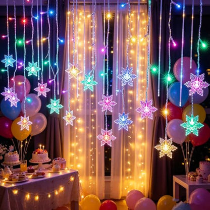 String Lights LED Curtain Light, 96 LED Fairy 3.5M Snowflake Waterproof Christmas Lights with Control Plug in Lights for Outside Indoor Bedroom Party Fence Patio - Colorful - color: Warm White