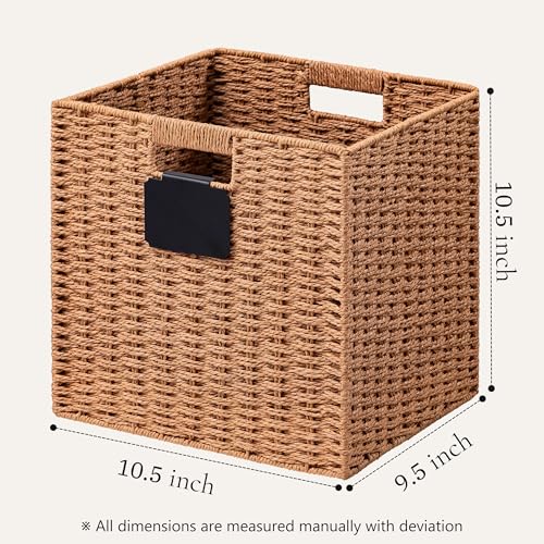 UBBCARE 2 Pack Wicker Basket, 10.5×10.5 Storage Cubes with Label, Foldable Cube Storage Bin with Handle, Square Storage Basket for Shelves, Woven Paper Rope Basket for Organizing, Caramel - color: Caramel, size: 2pack-10.5L×10.5H×9.5W