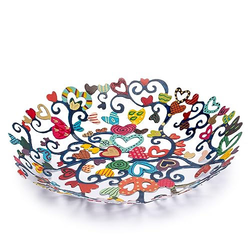 EMANUEL Yair Decorative Metal Fruit Bowl | Vibrant Hand Painted Bowl | Hangable Centerpiece Bowl for Home Decor and Gifting | Judaica Art (10 inch, Hearts) - color: Hearts, size: 10 inch