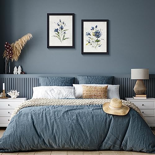 Set of 2 Navy Blue Watercolor Floral Canvas Wall Art 12x16 Inch Black Frame - color: Watercolor Flower Black Frame
